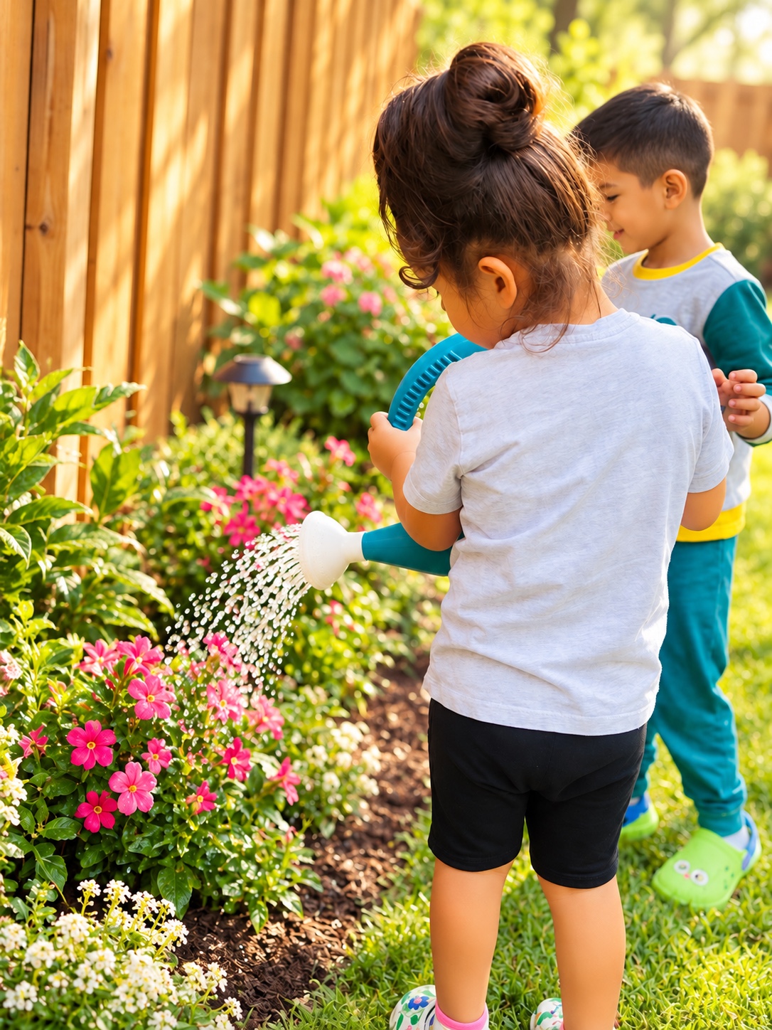 Two children exploring the garden together