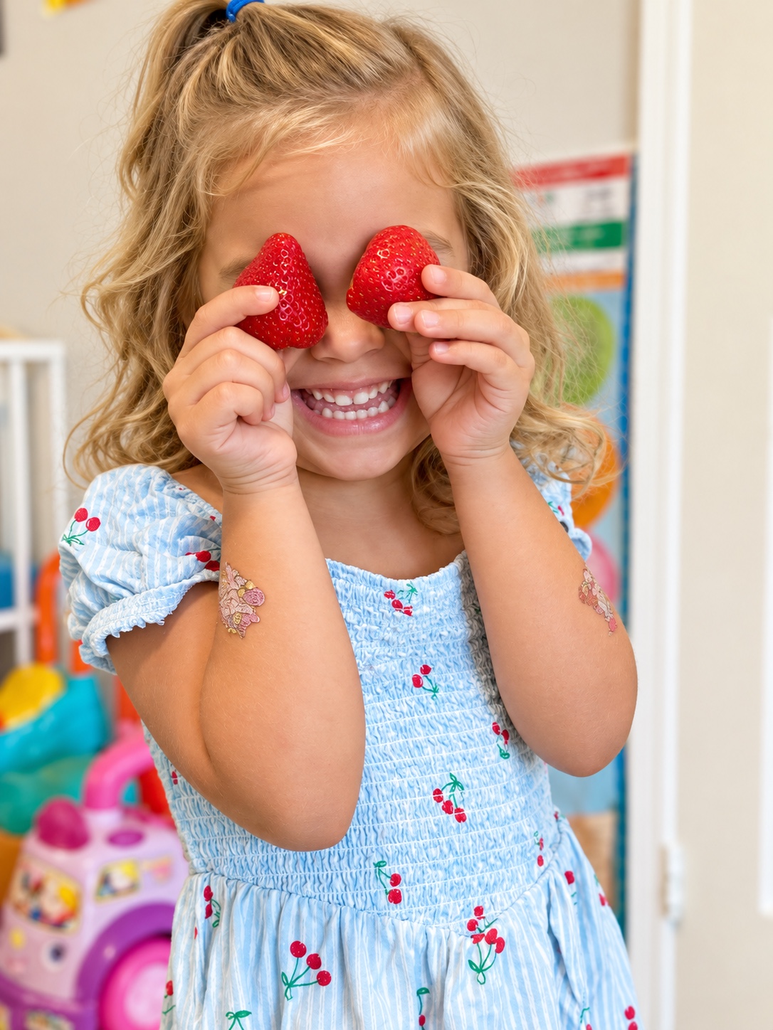 A smiling child holding two fresh strawberries
