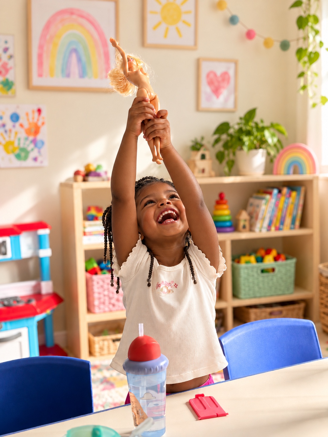 A smiling child lifting a doll during imaginative play at Little Stars Kidz