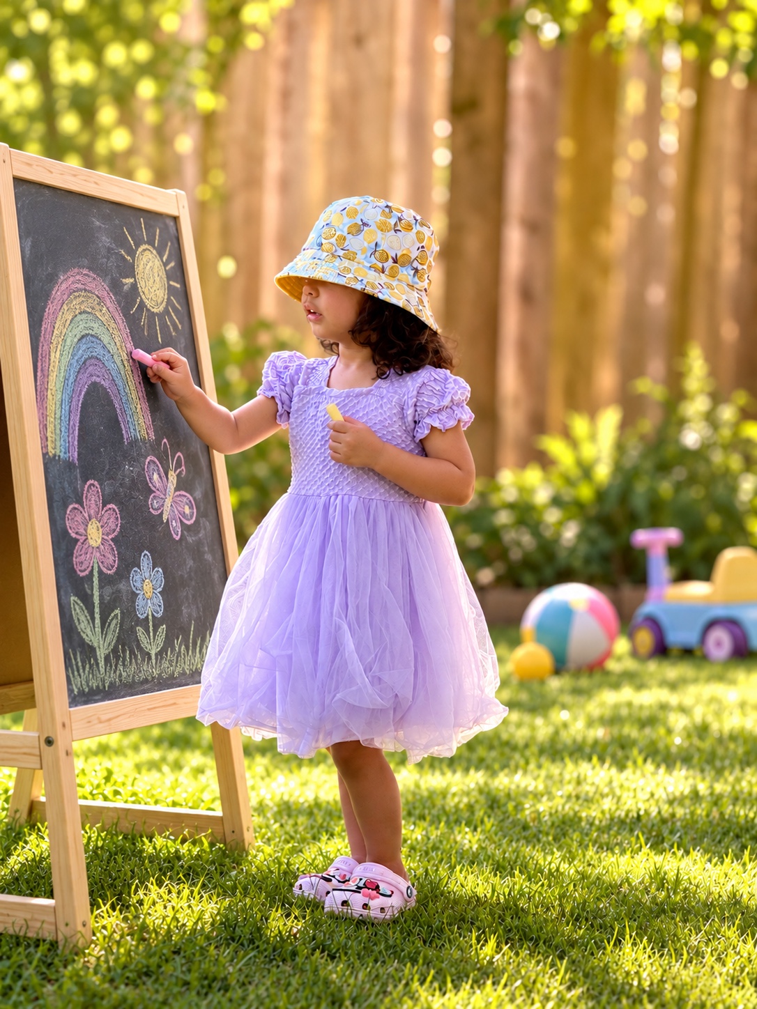 A child drawing a colourful rainbow on an outdoor chalkboard